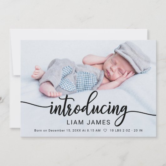 Cute Calligraphy Photo Birth Announcement Cards Feestdagenkaart (Voorkant)