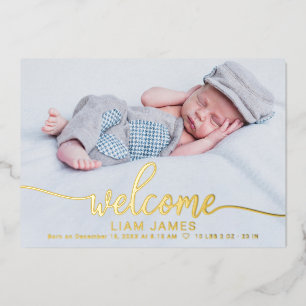 Cute Calligraphy Photo Birth Announcement Cards Folie Uitnodiging