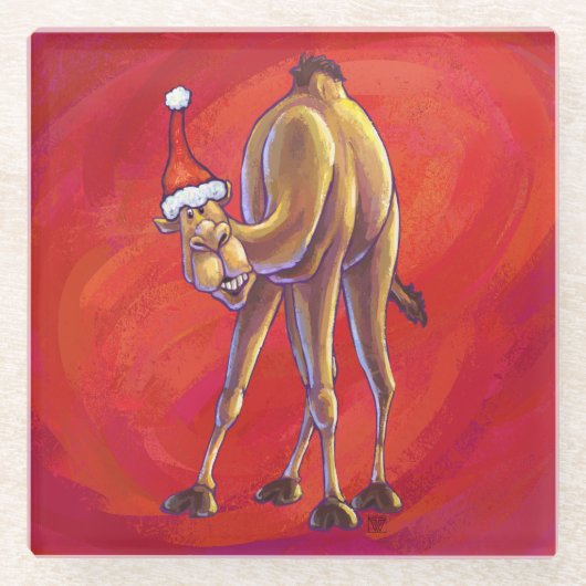 Cute Camel Kerstmis op rood Glazen Onderzetter (Voorkant)