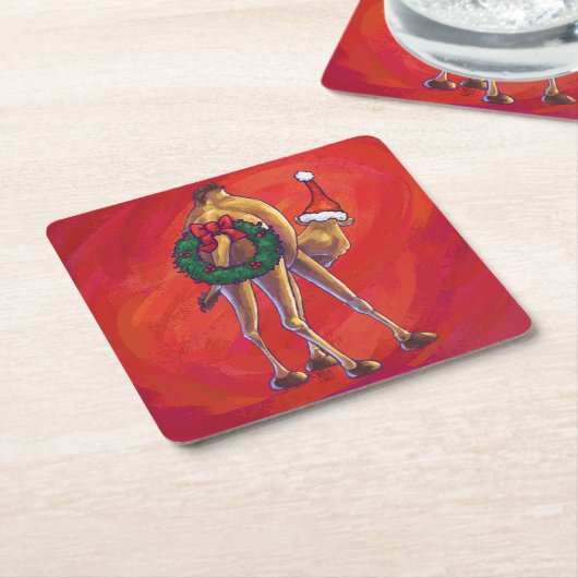Cute Camel Kerstmis op rood Kartonnen Onderzetters (Schuin)