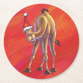 Cute Camel Kerstmis op rood Ronde Kartonnen Onderzetter (Voorkant)