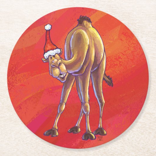 Cute Camel Kerstmis op rood Ronde Kartonnen Onderzetter (Voorkant)