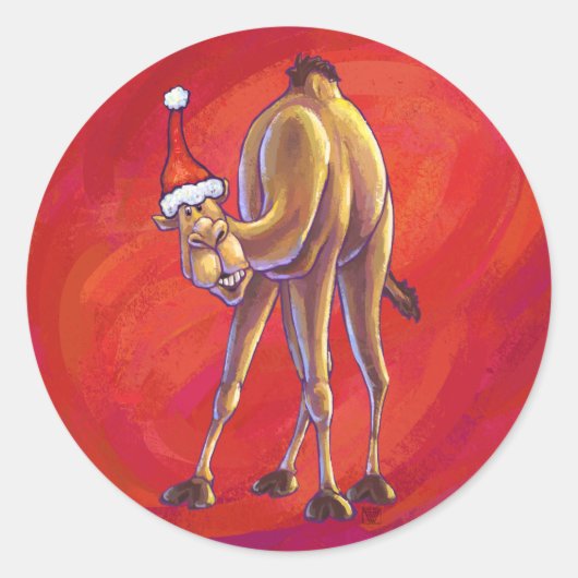 Cute Camel Kerstmis op rood Ronde Sticker (Voorkant)