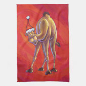 Cute Camel Kerstmis op rood Theedoek (Verticaal)