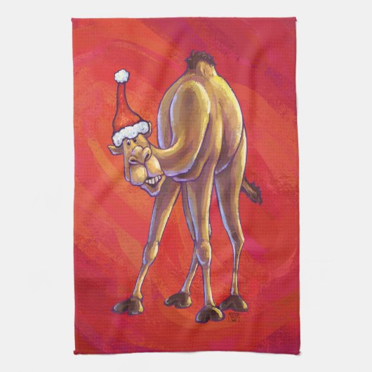 Cute Camel Kerstmis op rood Theedoek (Verticaal)