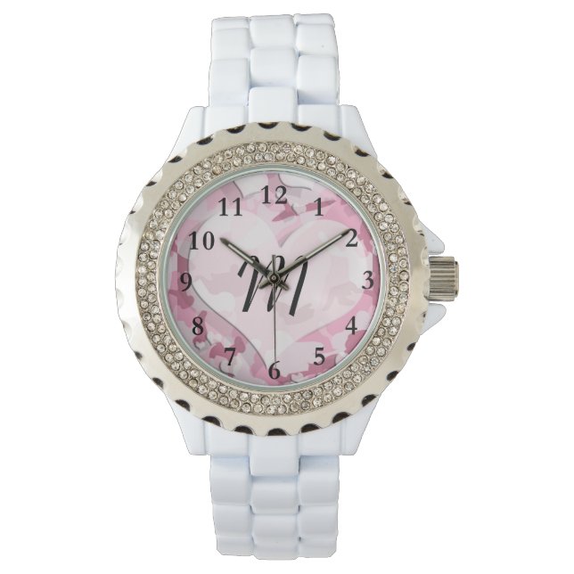 Cute Camo en Hearts Personalized Monogram Horloge (Voorkant)