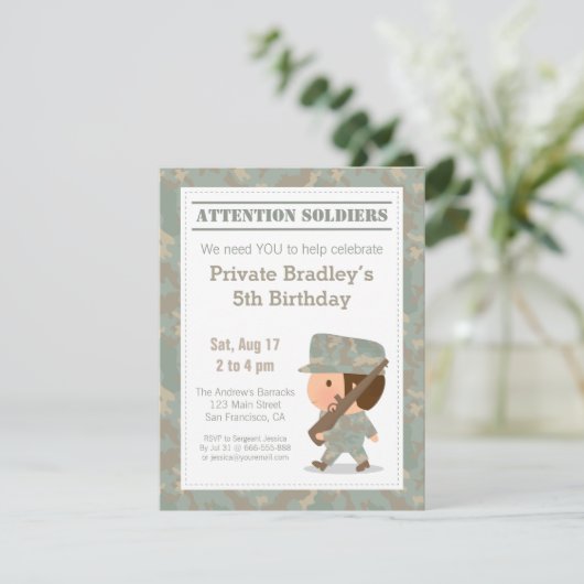 Cute Camo Milo Print Army Boy Birthday Party Kaart (Staand voorkant)