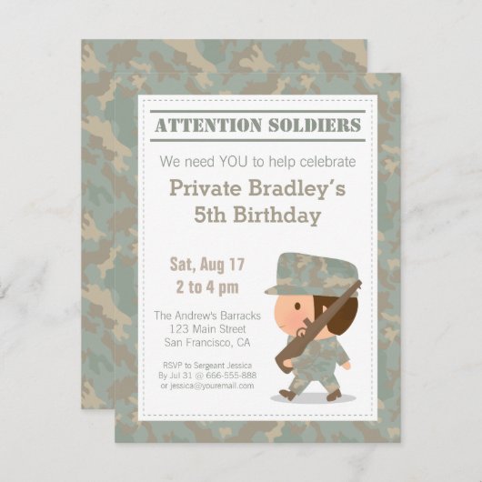 Cute Camo Milo Print Army Boy Birthday Party Kaart (Voorkant / Achterkant)