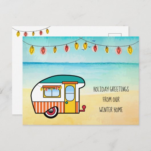 Cute Camper op het strand Winterhuis Nieuw Adres Aankondigingskaart (Voorkant / Achterkant)