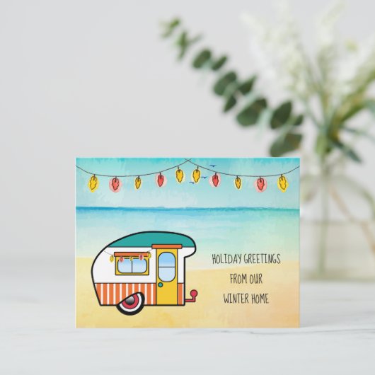 Cute Camper op het strand Winterhuis Nieuw Adres Aankondigingskaart (Staand voorkant)