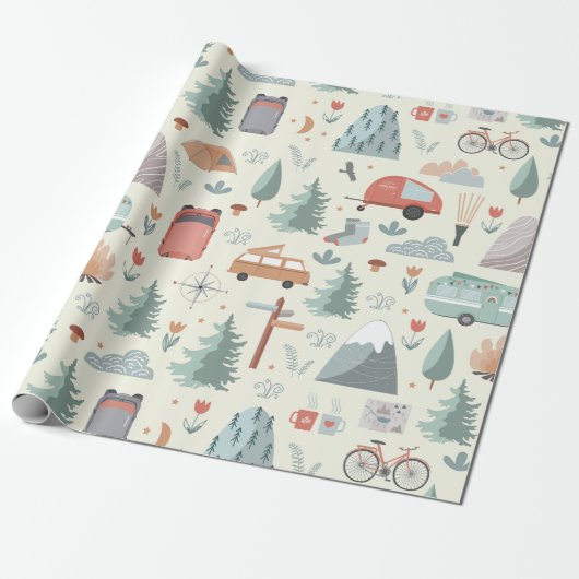 Cute Camping, Hiking, Ourways en Natuur Thema Cadeaupapier (Uitgerold)