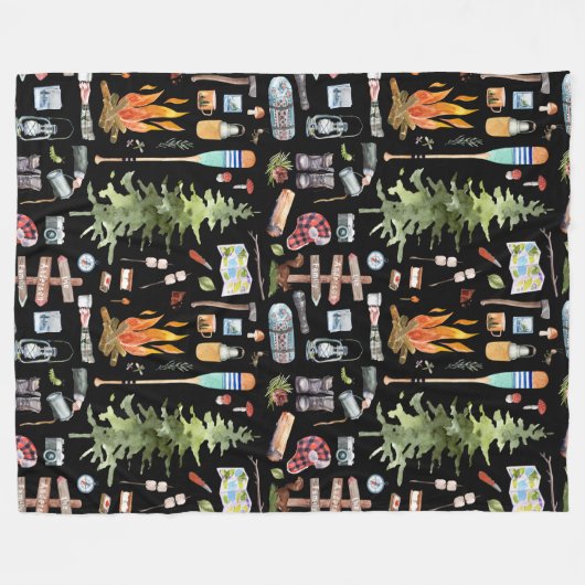 Cute Camping Pattern | Waterverf illustraties Fleece Deken (Voorkant (Horizontaal))
