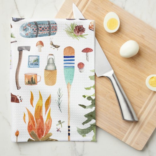 Cute Camping Pattern | Waterverf illustraties Theedoek (Quarter Fold)