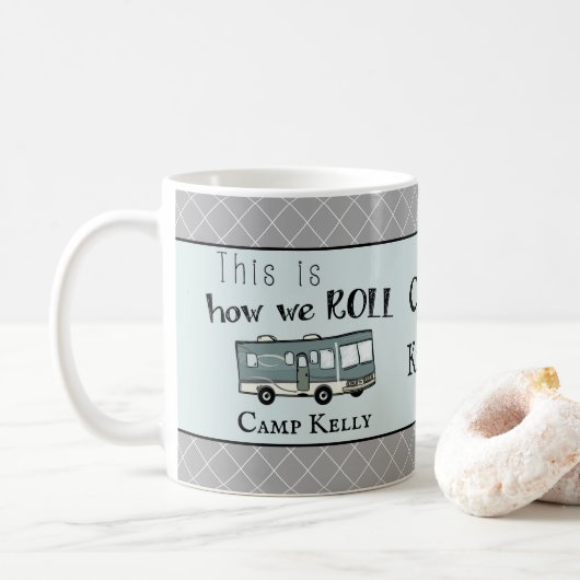 Cute Camping RV "Dit is hoe we werken", gepersonal Koffiemok (Met donut)