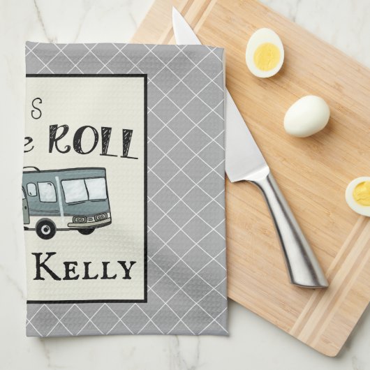 Cute Camping RV "Dit is hoe we werken", gepersonal Theedoek (Quarter Fold)