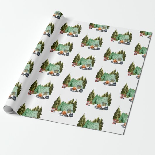 Cute Camping Theme Campfire, Tent, Forest Cadeaupapier (Uitgerold)