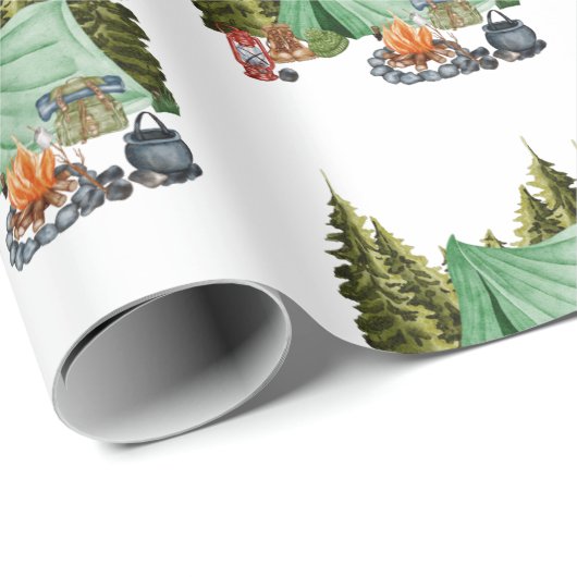 Cute Camping Theme Campfire, Tent, Forest Cadeaupapier (Rol Hoek)