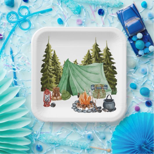 Cute Camping Theme Campfire, Tent, Forest Papieren Bordje (Feest)