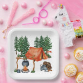Cute Camping Theme Campfire, Tent, Forest Papieren Bordje (Feest)