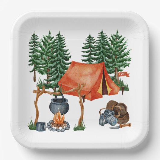 Cute Camping Theme Campfire, Tent, Forest Papieren Bordje (Voorkant)