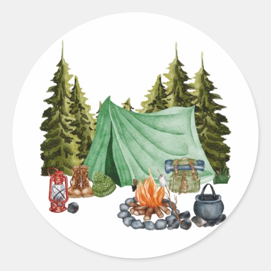 Cute Camping Theme Campfire, Tent, Forest Ronde Sticker (Voorkant)