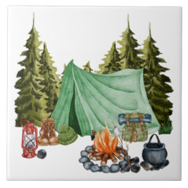 Cute Camping Theme Campfire, Tent, Forest Tegeltje