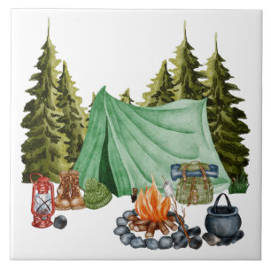 Cute Camping Theme Campfire, Tent, Forest Tegeltje
