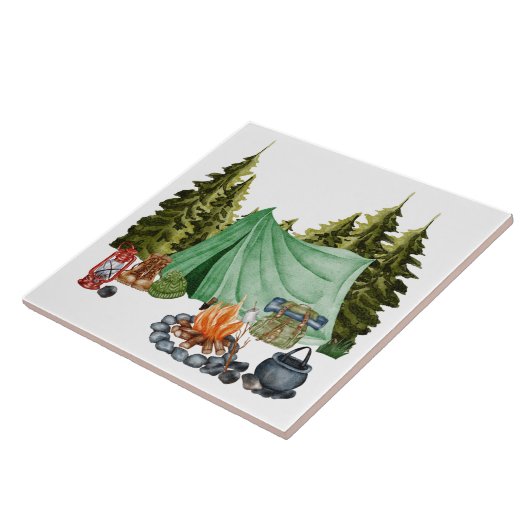 Cute Camping Theme Campfire, Tent, Forest Tegeltje (Zijkant)