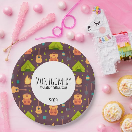 Cute Camping Thered Pattern Family Reunion Papieren Bordje (Feest)