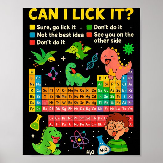 Cute Can I Lick It Dino Periodic Table Science Hum Poster (Voorkant)