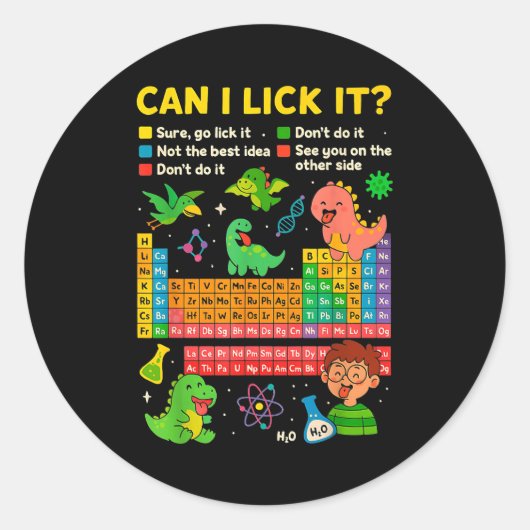 Cute Can I Lick It Dino Periodic Table Science Hum Ronde Sticker (Voorkant)