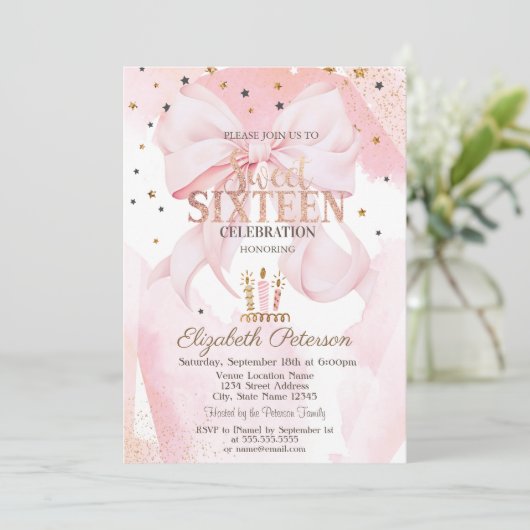 Cute Candles Stars Pink Bow Sweet 16  Kaart (Staand voorkant)
