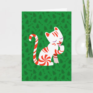 Cute Candy Cane Cat Feestdagen Kaart