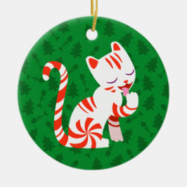 Cute Candy Cane Cat Keramisch Ornament