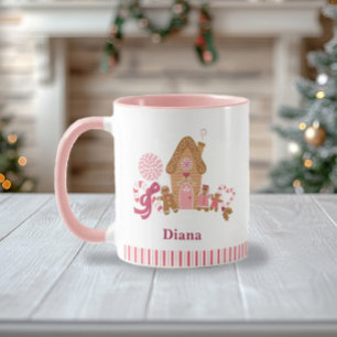 Cute Candy Cane Gingerbrood House Pink White Mok
