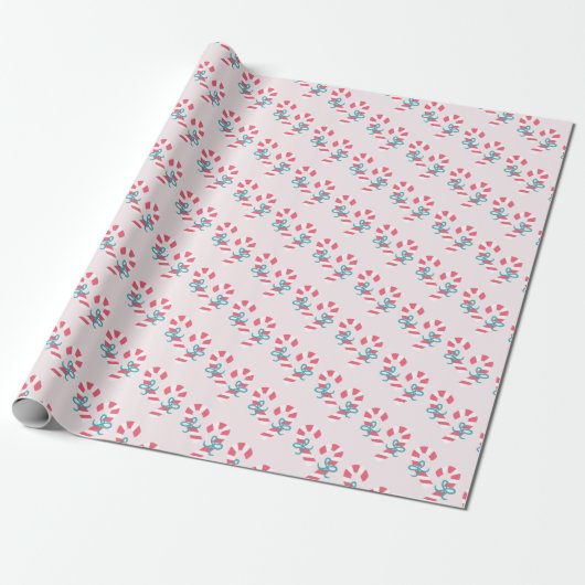 Cute Candy Cane Pattern Roze Kerstmis Cadeaupapier (Uitgerold)