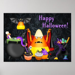 Cute Candy Corn en Spooky Treates Happy Halloween Poster