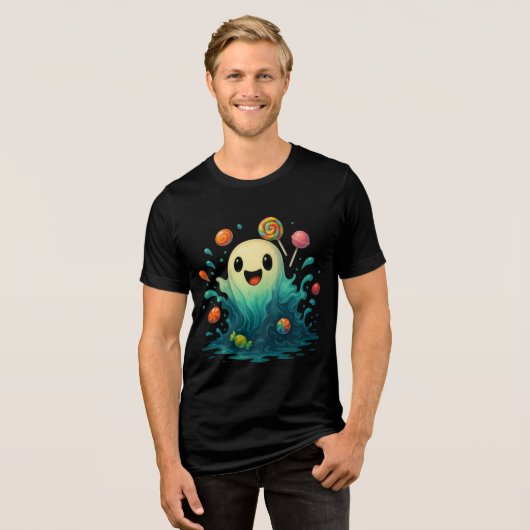 Cute Candy Ghost Halloween Illustration Tri-Blend Shirt (Voorkant volledig)