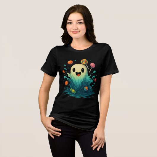 Cute Candy Ghost Halloween Illustration Tri-Blend Shirt (Voorkant volledig)