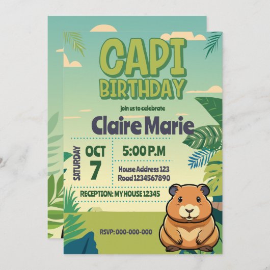 Cute CAPIBARA Invitation Kaart (Voorkant / Achterkant)
