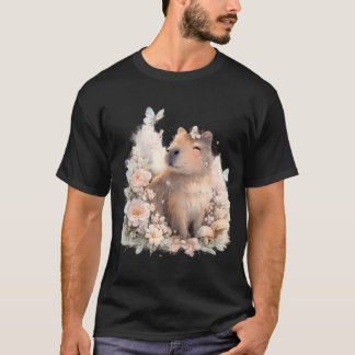 Cute Capybara Among Blooming Flowers T-shirt