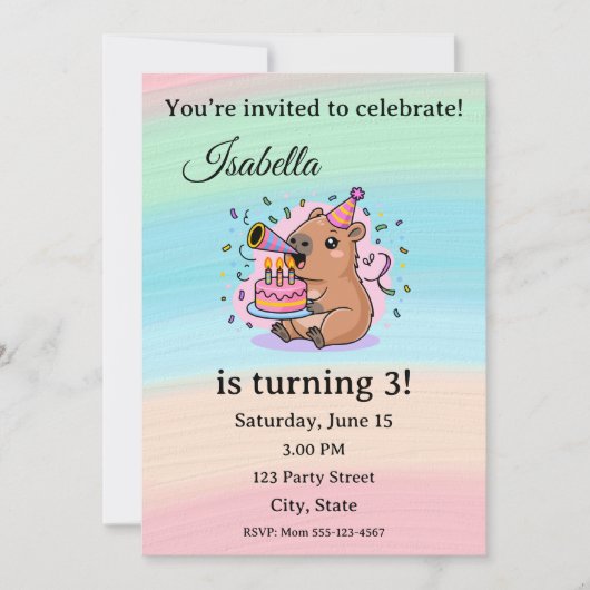 Cute Capybara Birthday Invitation Editable Kaart (Voorkant)