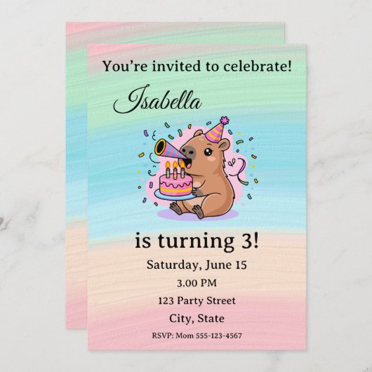 Cute Capybara Birthday Invitation Editable  Kaart (Voorkant / Achterkant)