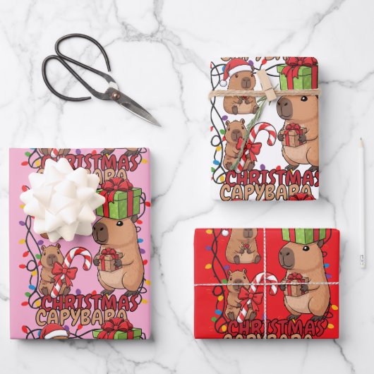 Cute Capybara Christmas Lights Festive Party Pink Inpakpapier Vel (Voorkant)