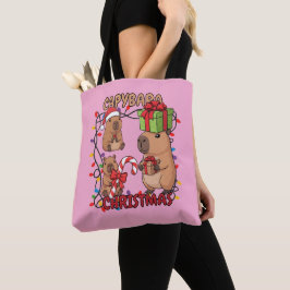 Cute Capybara Christmas Lights Festive Party Pink Tote Bag