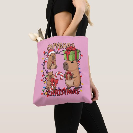 Cute Capybara Christmas Lights Festive Party Pink Tote Bag (Dichtbij)