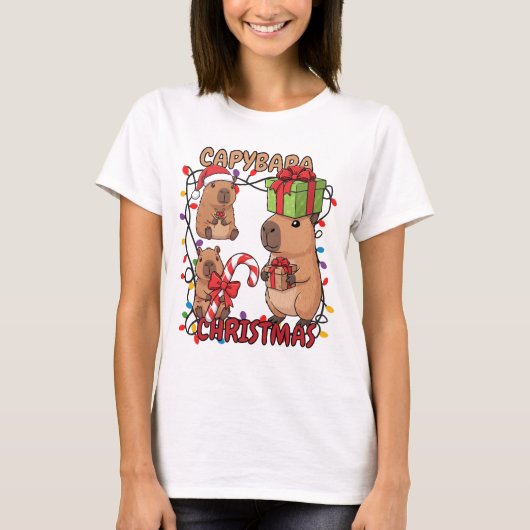 Cute Capybara Christmas Lights Festive Party T-shirt (Voorkant)