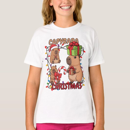 Cute Capybara Christmas Lights Festive Party T-shirt (Voorkant)