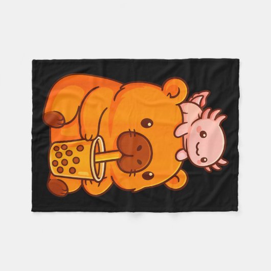 Cute Capybara Drinking Bubble Tea And Axolotl Kawa Fleece Deken (Voorkant (Horizontaal))