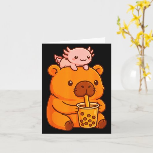 Cute Capybara Drinking Bubble Tea And Axolotl Kawa Kaart (Gele Bloem)